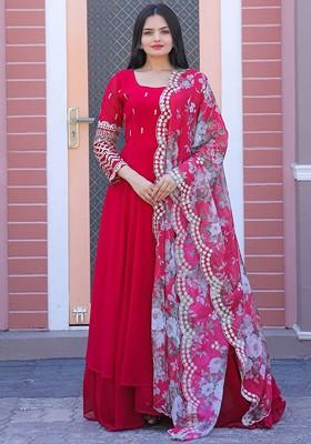 Pink Printed Poly Blend Anarkali Set With Dupatta