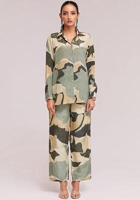 Green Printed Poly Blend Co Ord Set