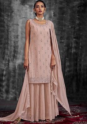 Peach Embroidered Poly Blend Sharara Set With Dupatta