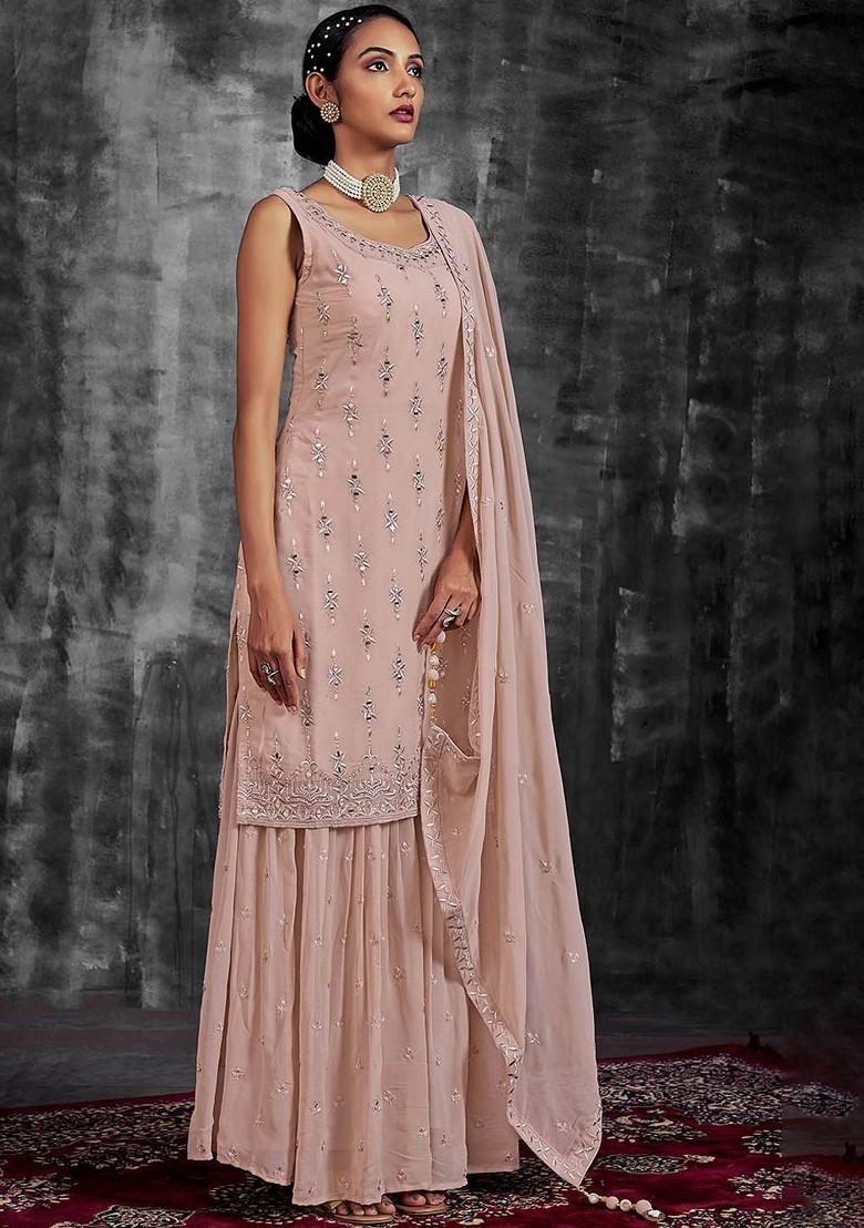 Peach Embroidered Poly Blend Sharara Set With Dupatta