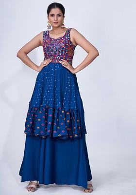 Navy Blue Embellished Poly Blend Palazzo Set With Dupatta