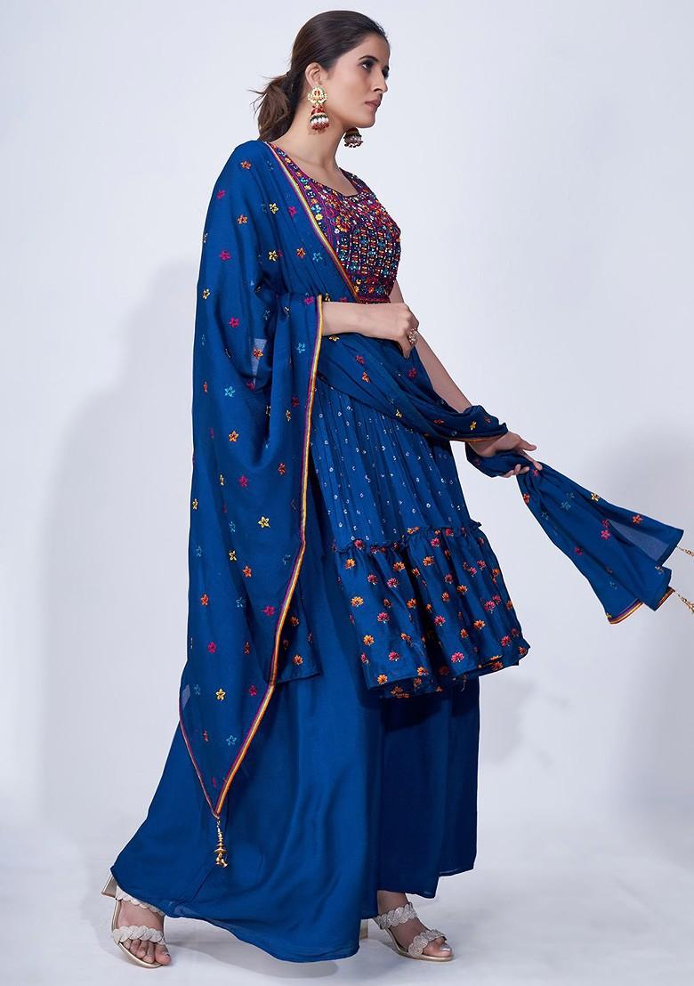 Navy Blue Embellished Poly Blend Palazzo Set With Dupatta