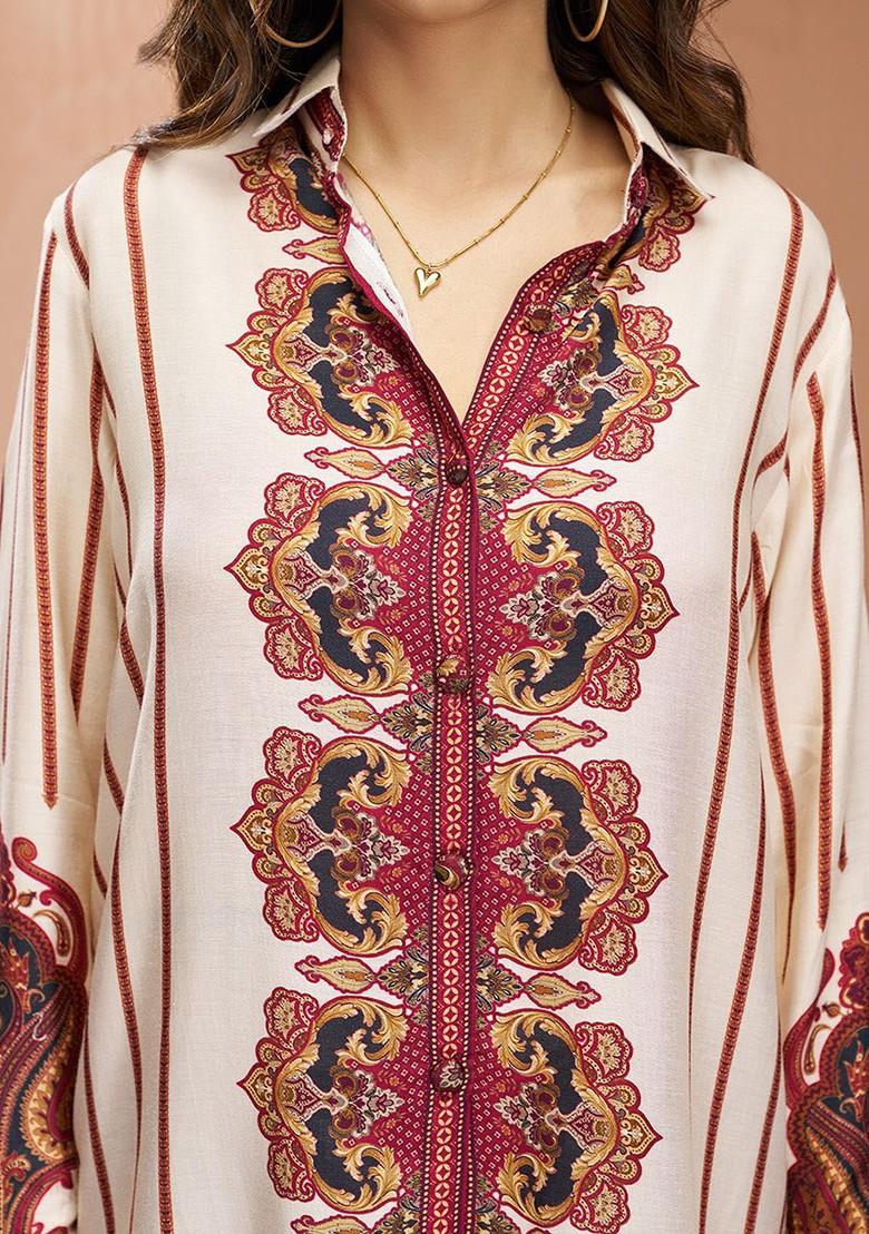 Cream Printed Poly Blend Co Ord Set