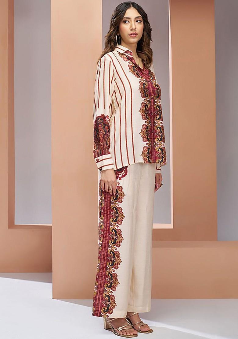 Cream Printed Poly Blend Co Ord Set