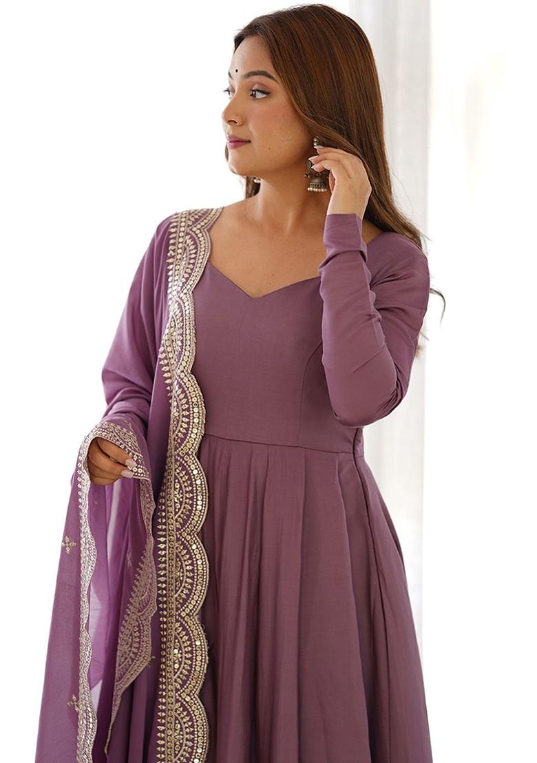 Mauve Embroidered Poly Blend Anarkali Set With Dupatta