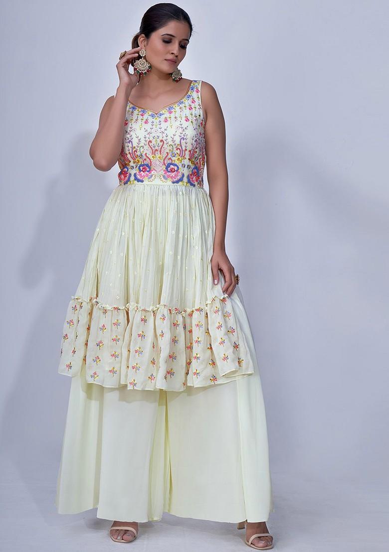 Off White Embroidered Poly Blend Palazzo Set With Dupatta