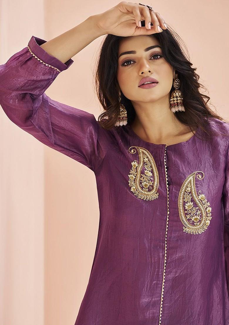 Purple Embroidered Poly Blend Salwar Kameez