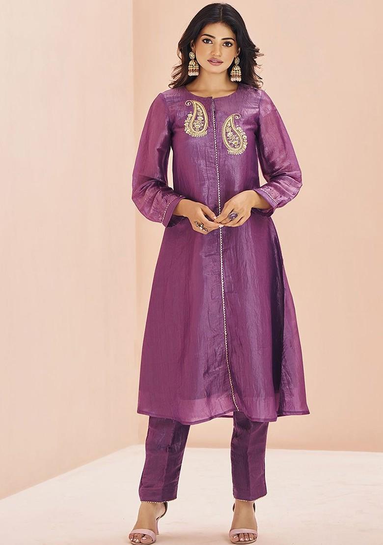 Purple Embroidered Poly Blend Salwar Kameez