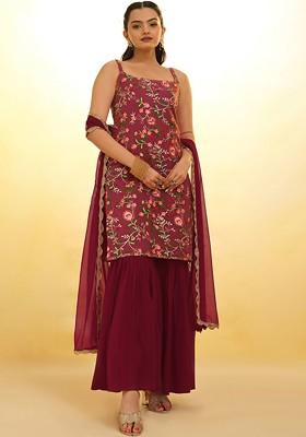 Maroon Embroidered Poly Blend Sharara Set With Dupatta