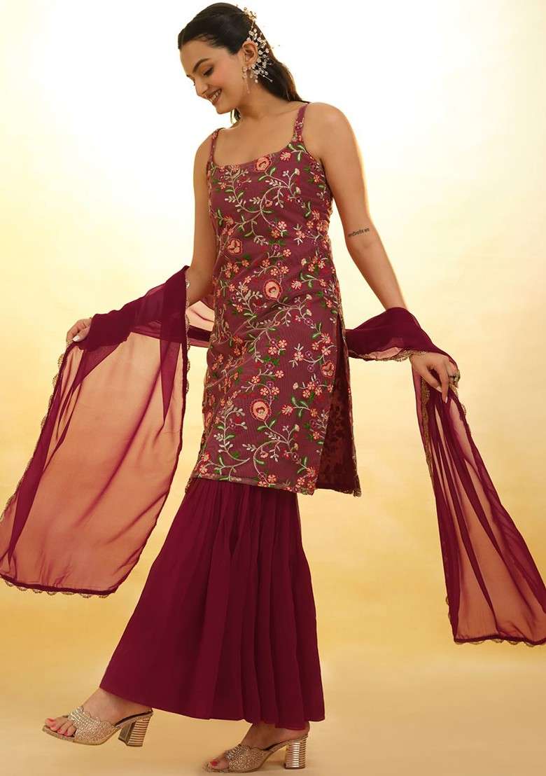 Maroon Embroidered Poly Blend Sharara Set With Dupatta - Indya