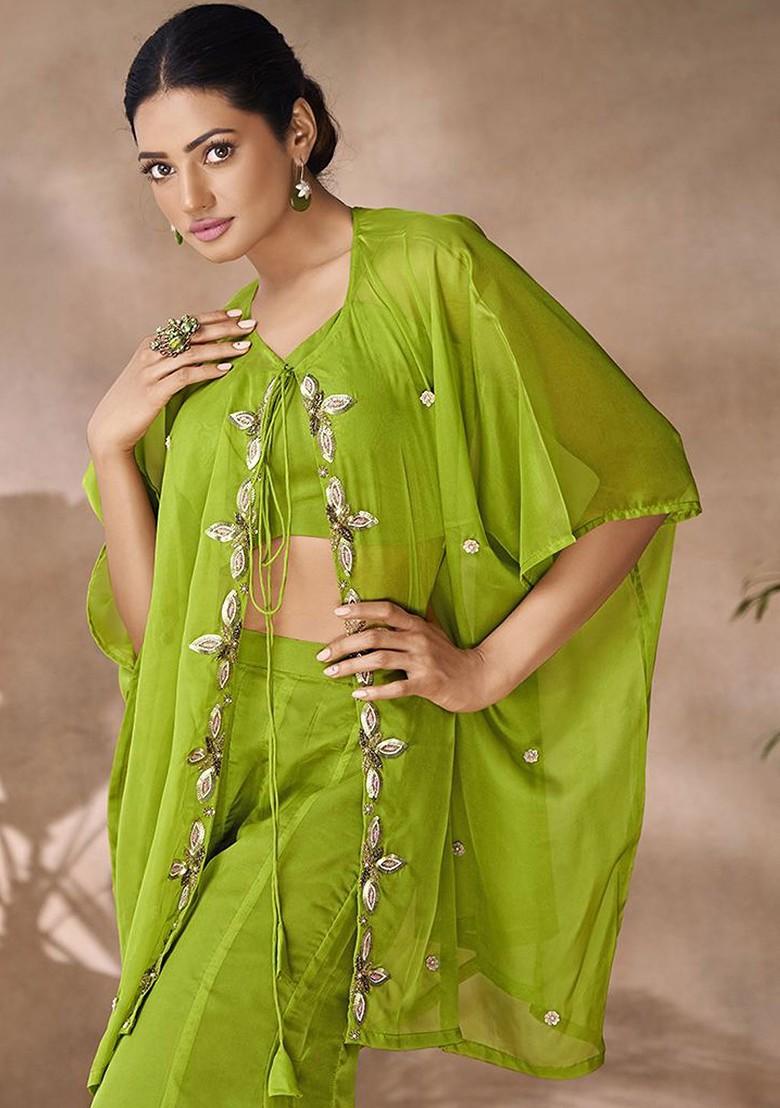 Green Embroidered Poly Blend Co Ord Set