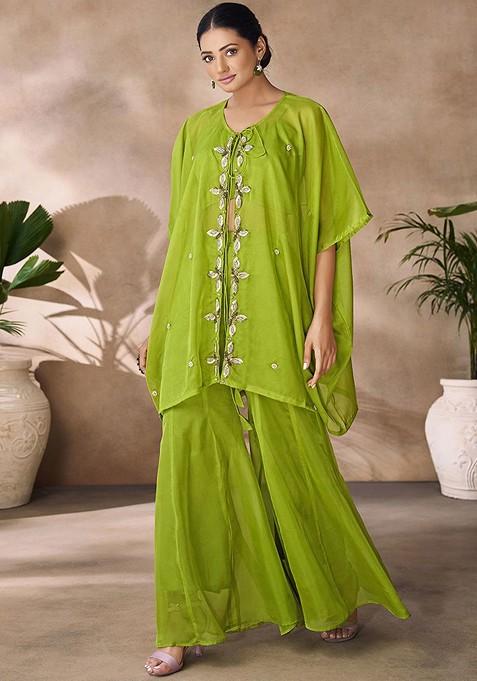 Green Embroidered Poly Blend Co Ord Set