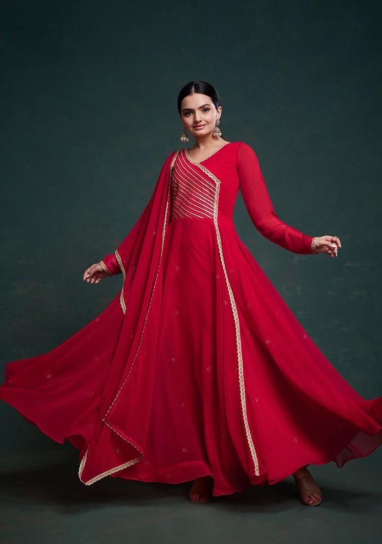 Red Embellished Poly Blend Anarkali Set With Dupatta