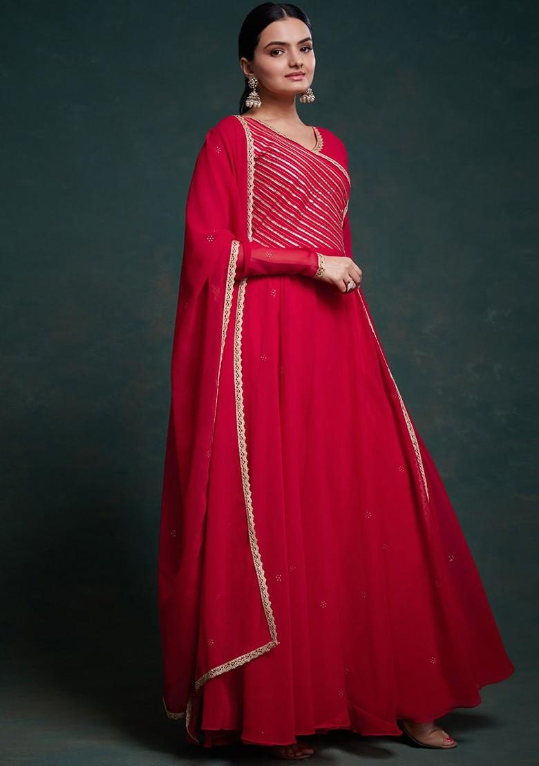 Red Embellished Poly Blend Anarkali Set With Dupatta