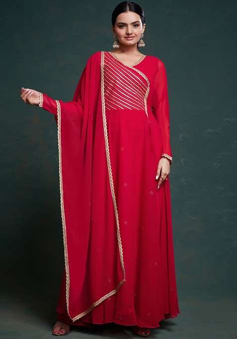 Red Embellished Poly Blend Anarkali With Dupatta With Dupatta