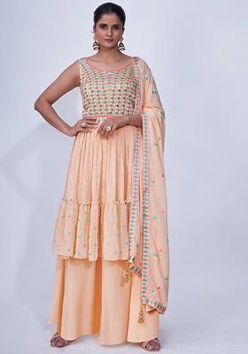 Peach Embellished Poly Blend Palazzo Set With Dupatta