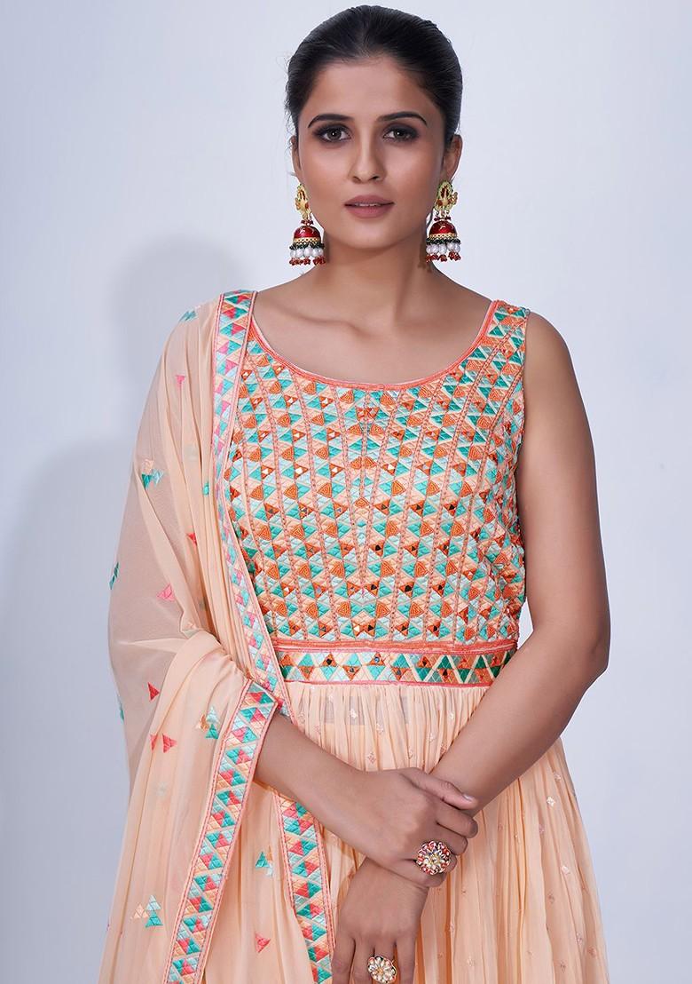 Peach Embellished Poly Blend Palazzo Set With Dupatta