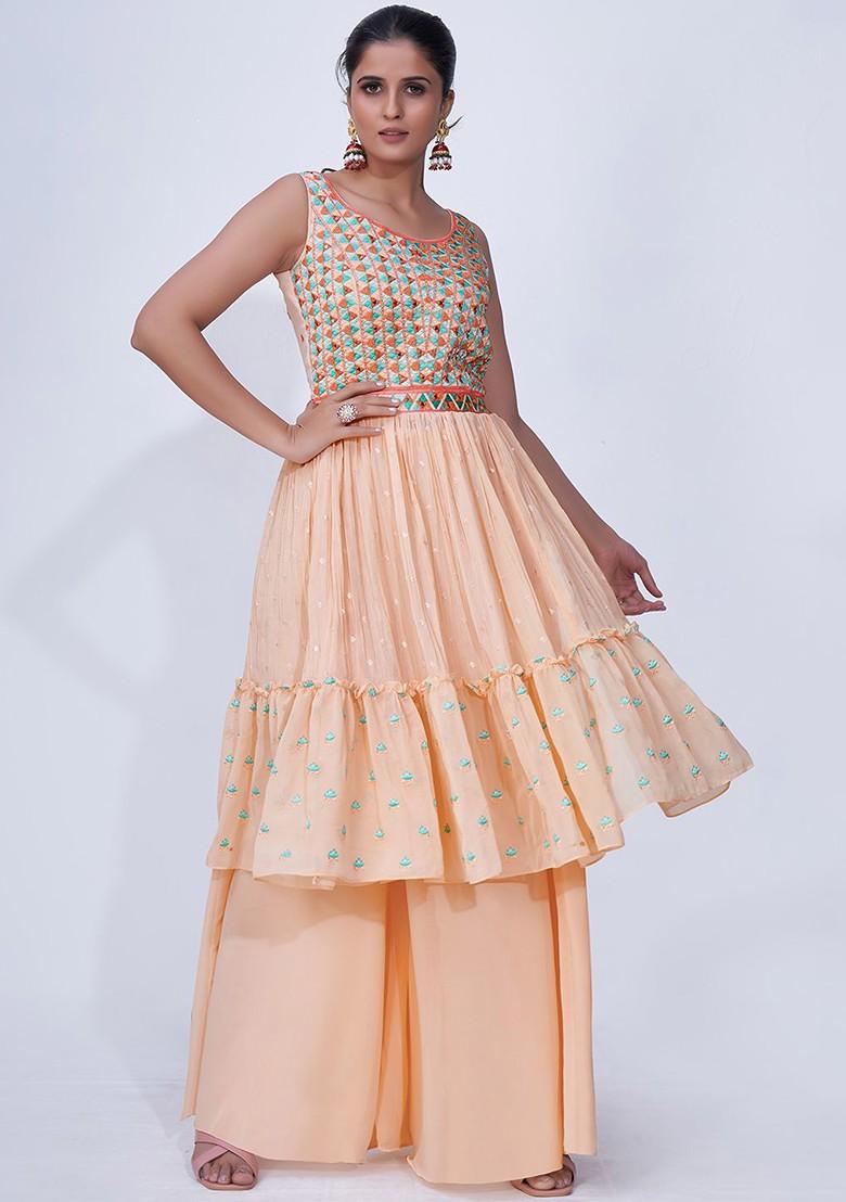 Peach Embellished Poly Blend Palazzo Set With Dupatta