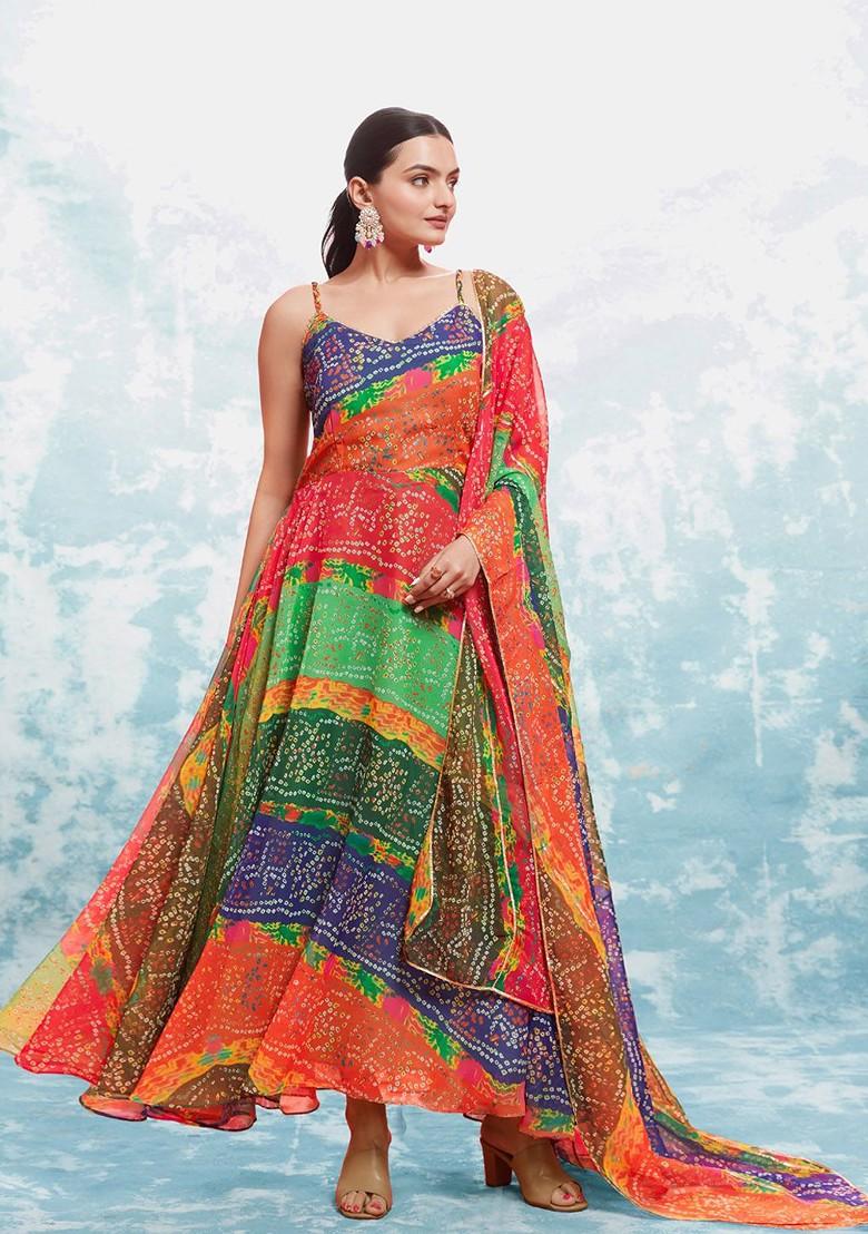 Orange Printed Poly Blend Anarkali Set With Dupatta