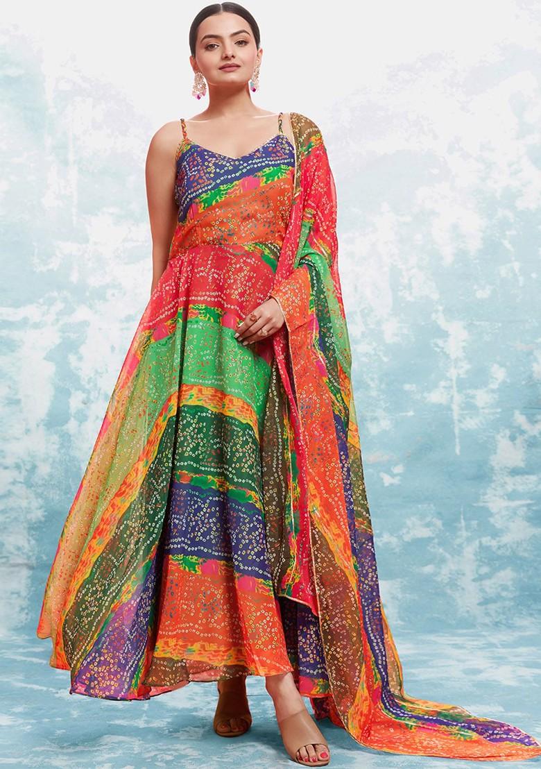 Orange Printed Poly Blend Anarkali Set With Dupatta