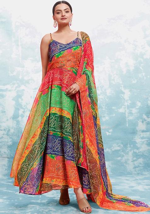 Orange Printed Poly Blend Anarkali With Dupatta With Dupatta