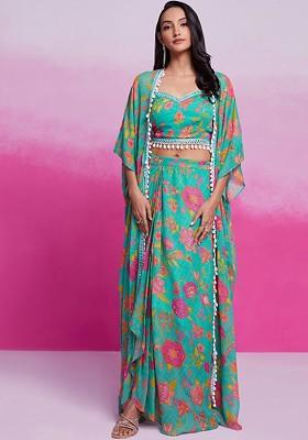 Turquoise Blue Printed Poly Blend Co Ord Set