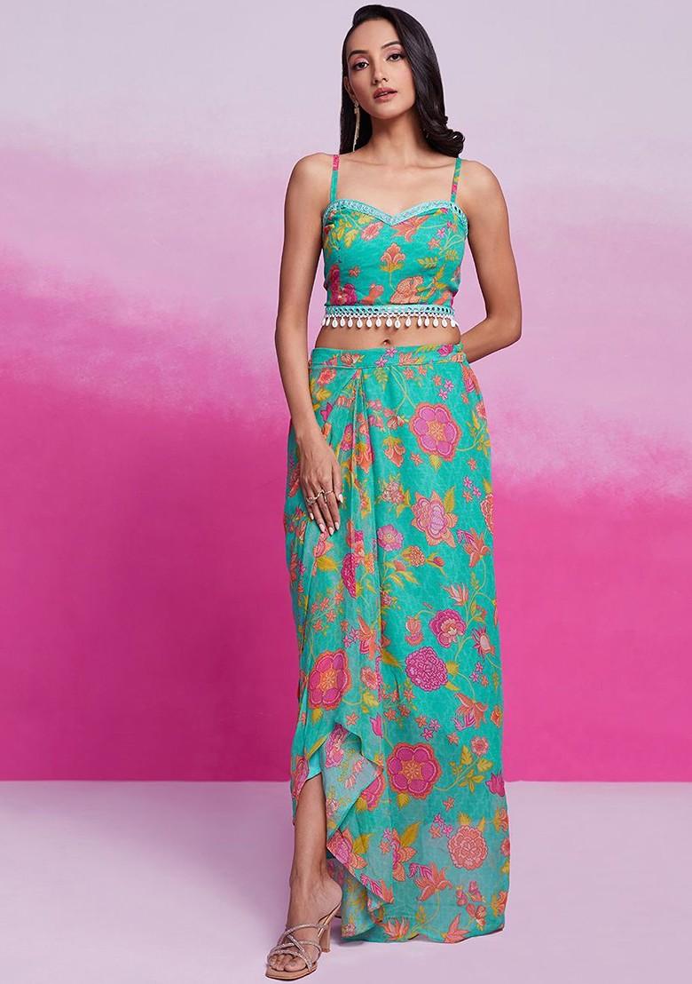 Turquoise Blue Printed Poly Blend Co Ord Set