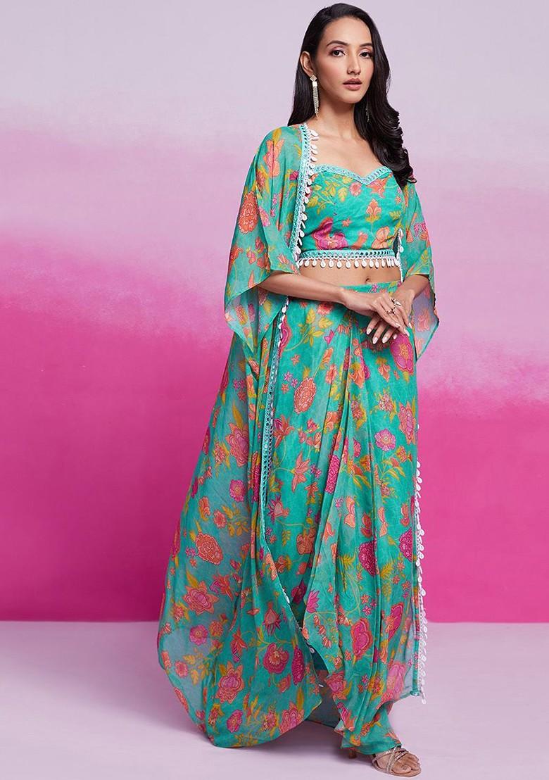 Turquoise Blue Printed Poly Blend Co Ord Set