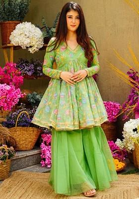 Green Embroidered Poly Blend Palazzo Set With Dupatta