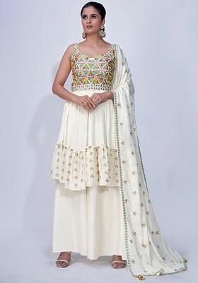 Off White Embellished Poly Blend Palazzo Set With Dupatta