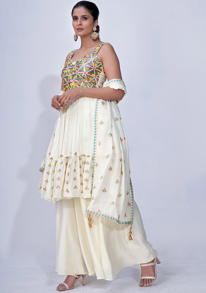 Off White Embellished Poly Blend Palazzo Set With Dupatta