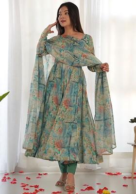 Blue Printed Poly Blend Salwar Kameez With Dupatta