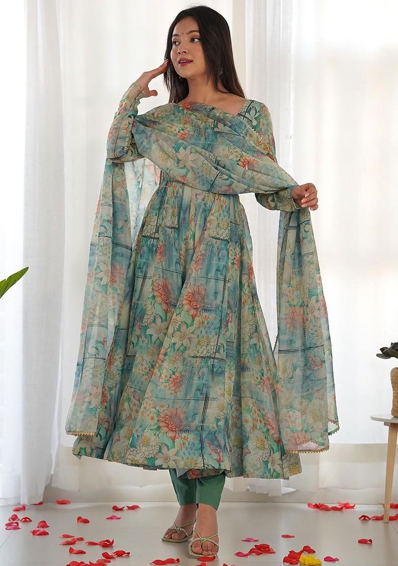 Blue Printed Poly Blend Salwar Kameez With Dupatta