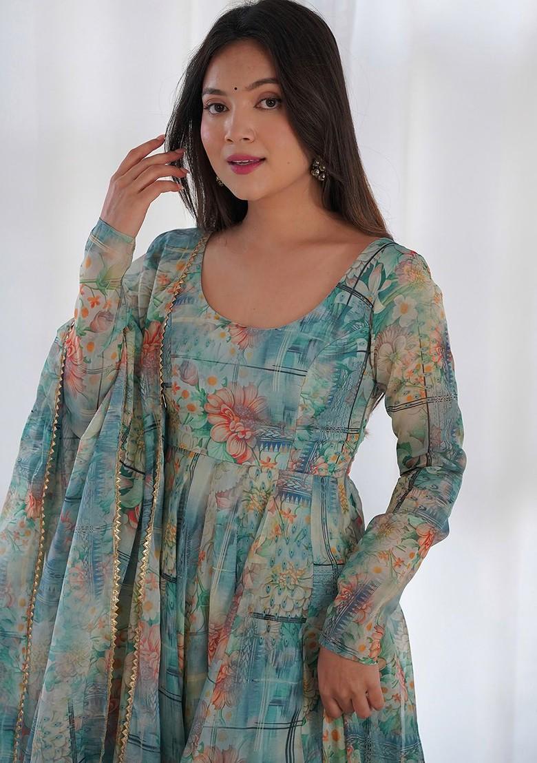 Blue Printed Poly Blend Salwar Kameez With Dupatta