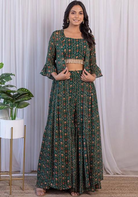 Green Printed Poly Blend Co Ord Set
