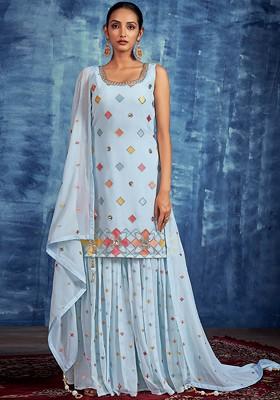 Blue Embroidered Poly Blend Sharara Set With Dupatta