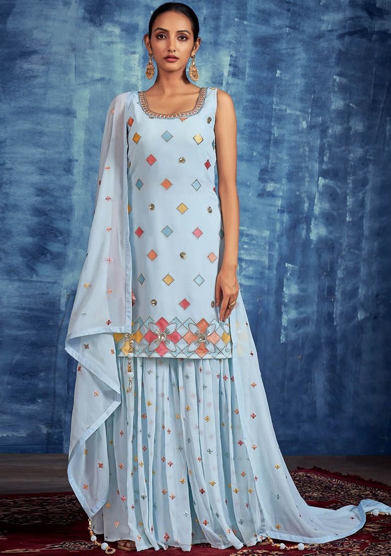 Blue Embroidered Poly Blend Sharara Set With Dupatta