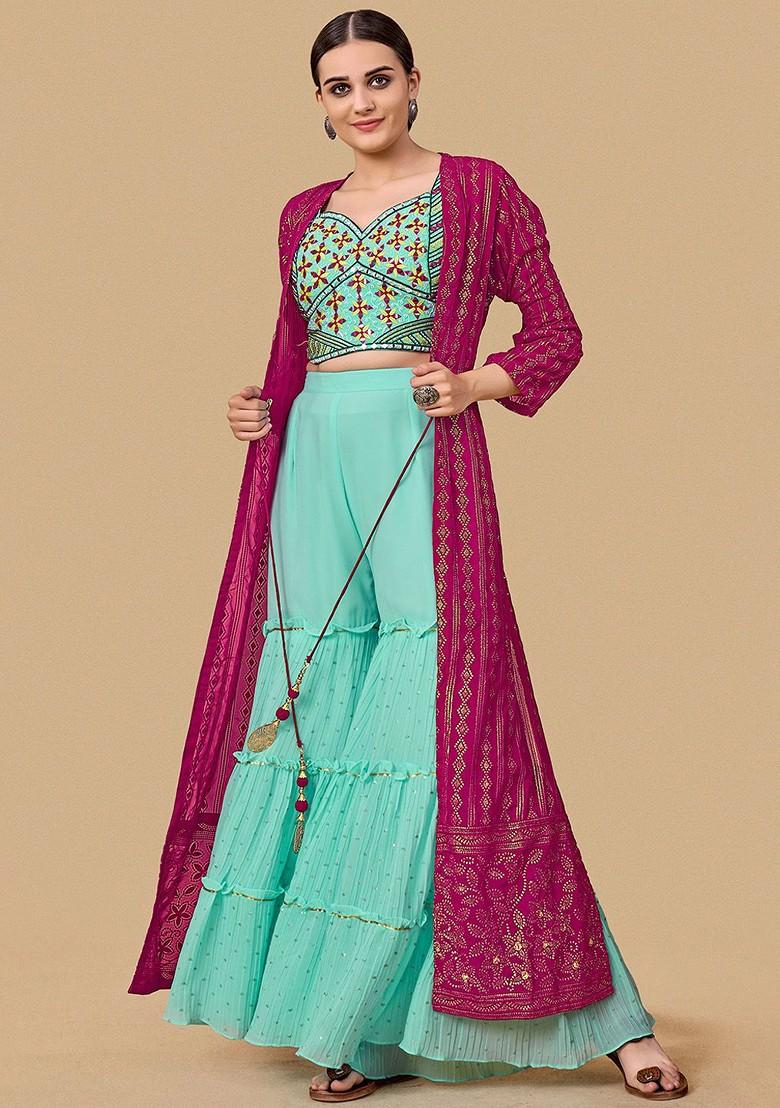 Blue Embroidered Poly Blend Co Ord Set