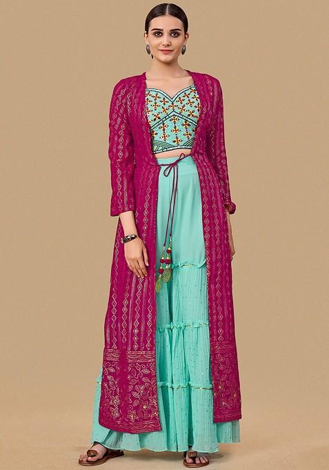 Blue Embroidered Poly Blend Co Ord Set