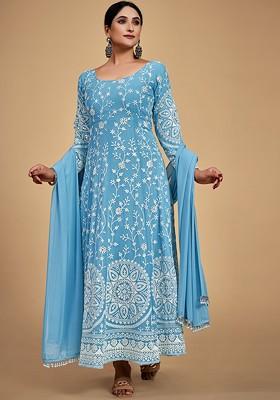 Blue Embroidered Poly Blend Anarkali Set With Dupatta