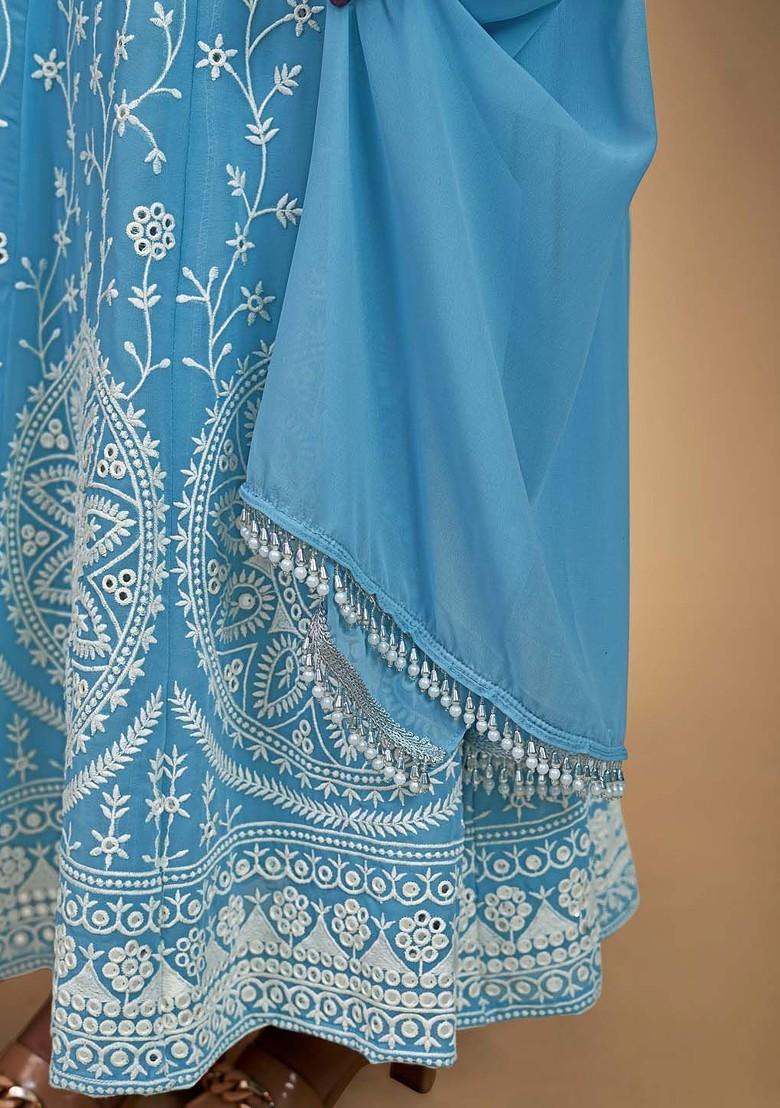 Blue Embroidered Poly Blend Anarkali Set With Dupatta