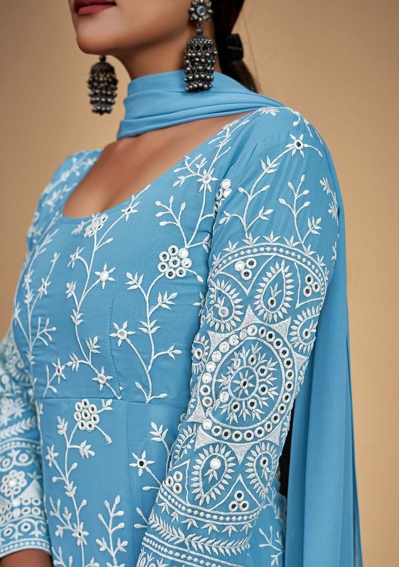 Blue Embroidered Poly Blend Anarkali Set With Dupatta