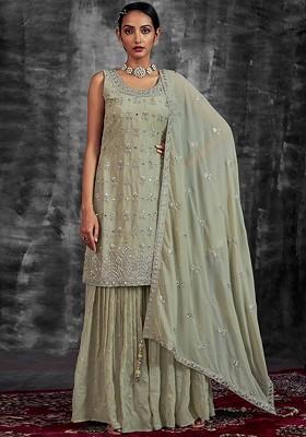 Green Embroidered Poly Blend Sharara Set With Dupatta