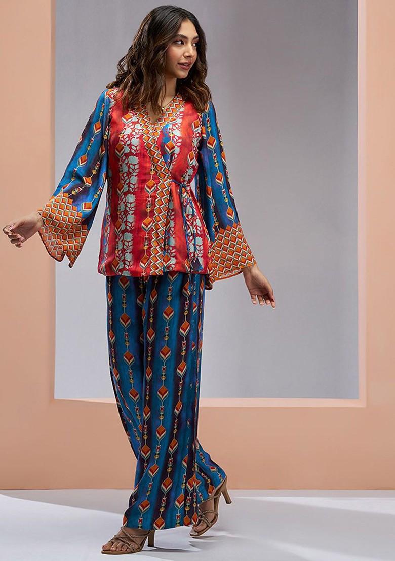 Navy Blue Printed Poly Blend Co Ord Set