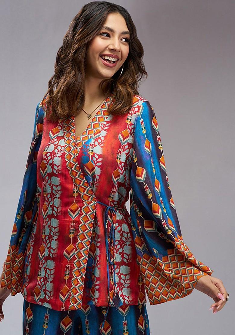 Navy Blue Printed Poly Blend Co Ord Set