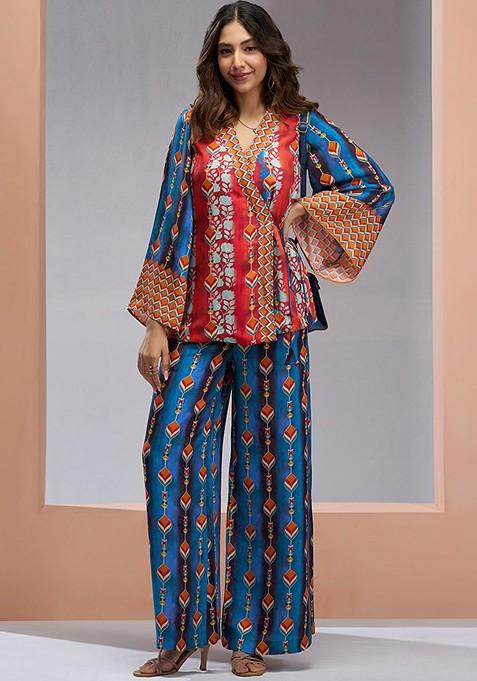 Navy Blue Printed Poly Blend Co Ord Set