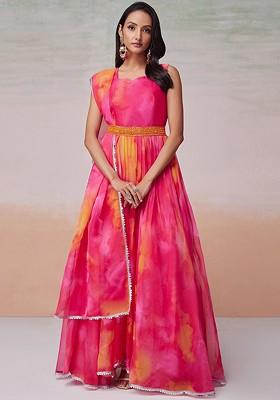 Pink Dyed Poly Blend Anarkali Set With Dupatta