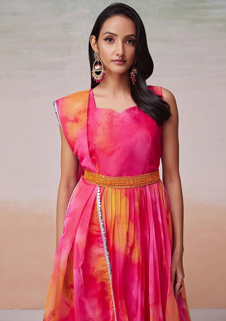 Pink Dyed Poly Blend Anarkali Set With Dupatta