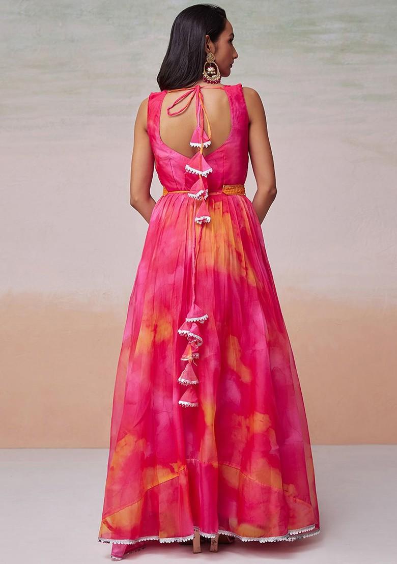 Pink Dyed Poly Blend Anarkali Set With Dupatta