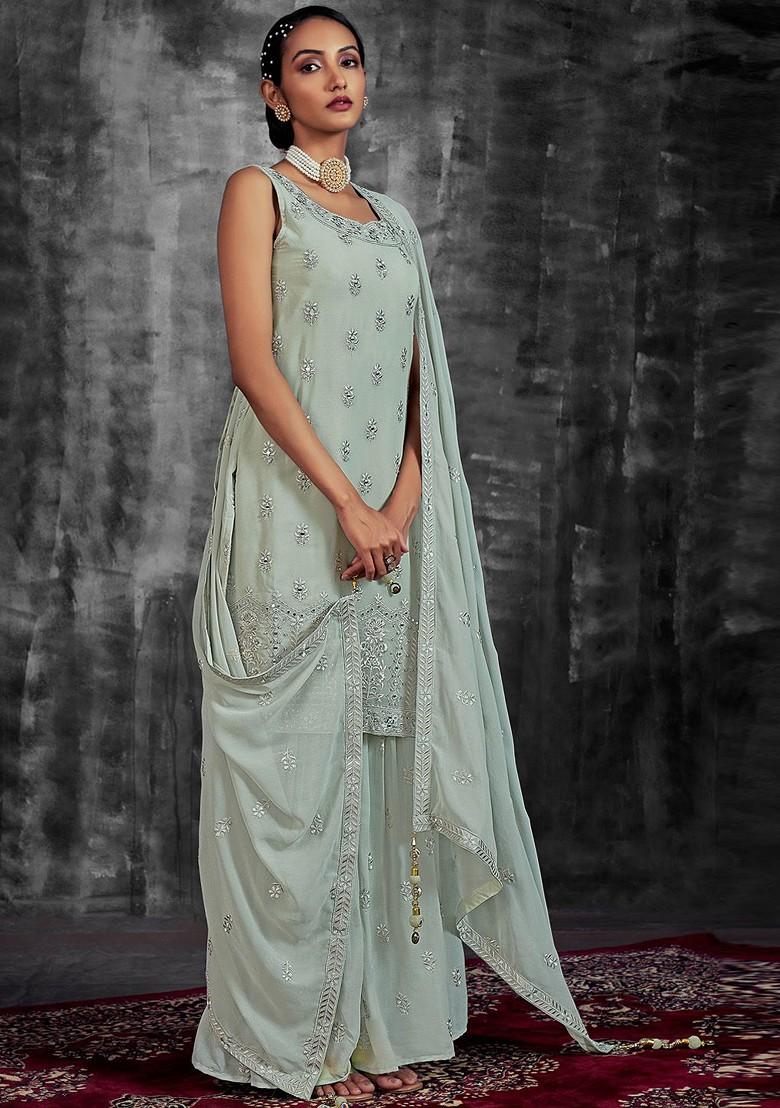 Green Embroidered Poly Blend Sharara Set With Dupatta